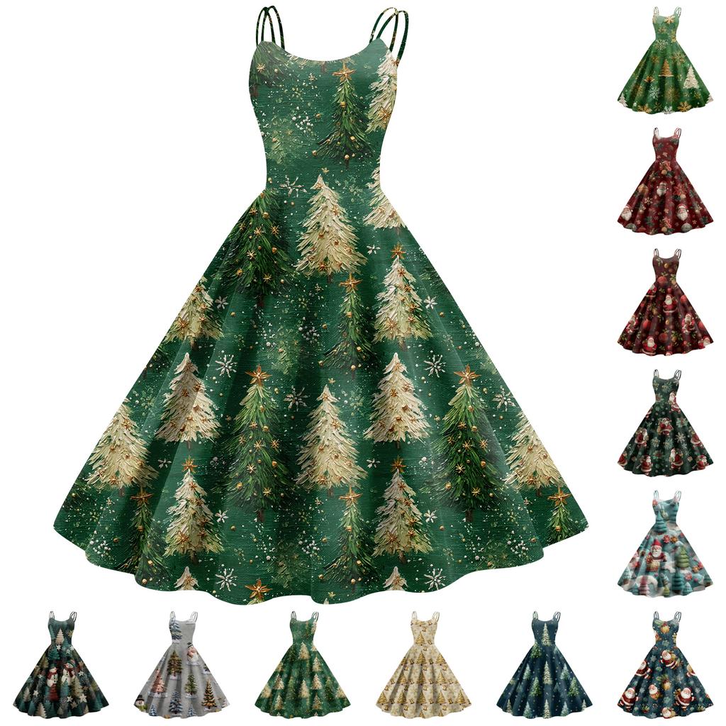 Women's Christmas Print Casual Fashion Round Neck Mid-Length Dress