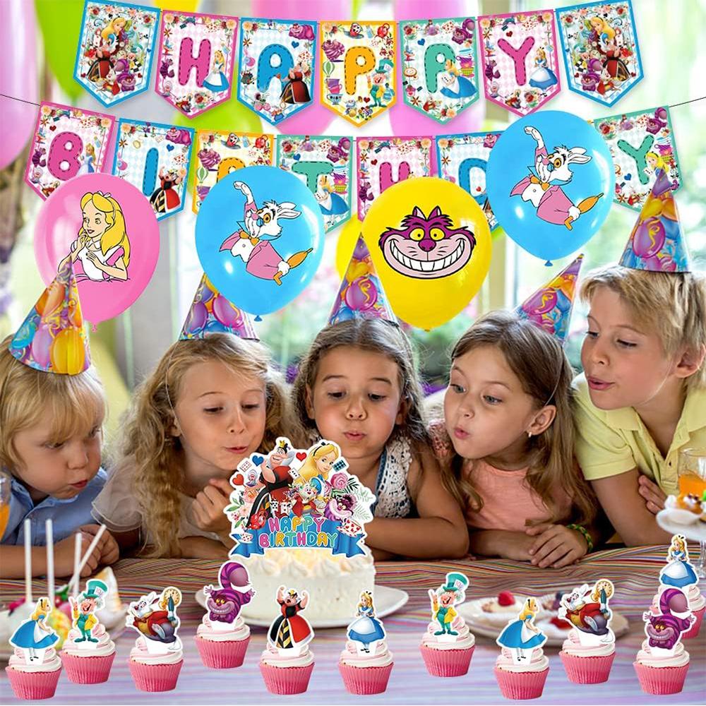32Pcs Alice In Wonderland Party Decorations Includes Cake Topper, Balloon Banner