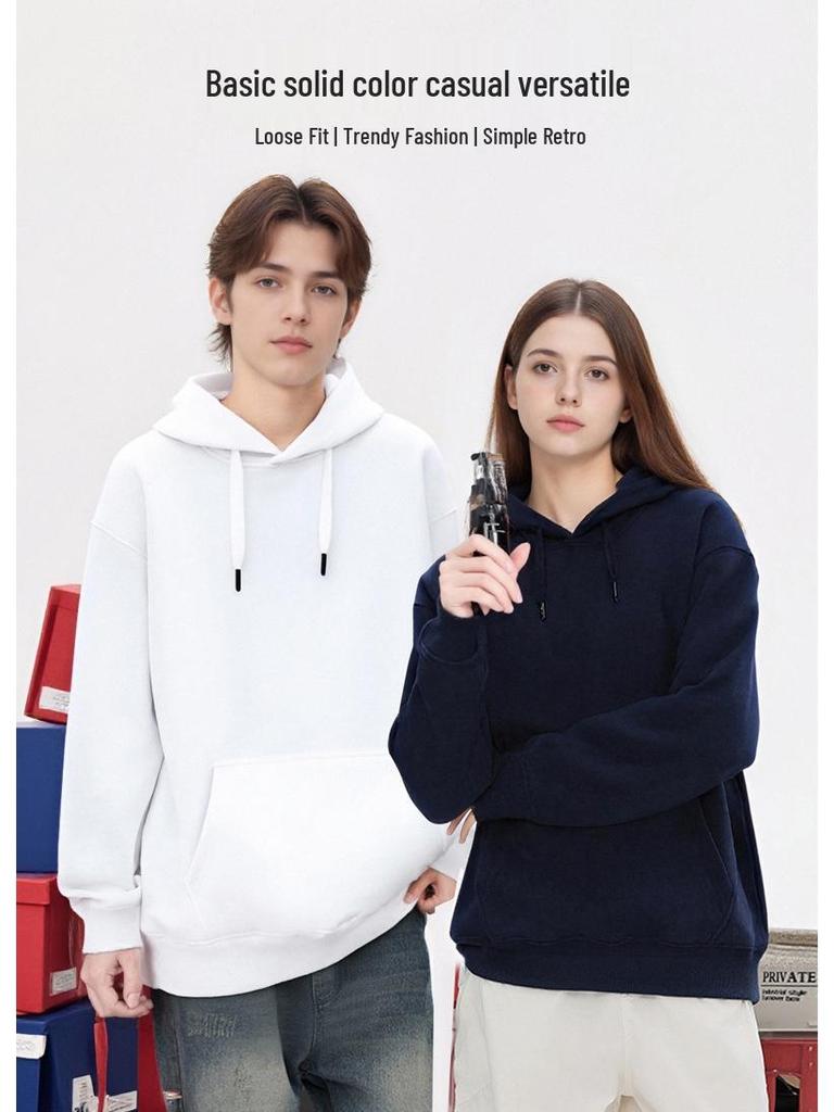 Men's Casual Thick Terry Cloth Hoodie: Heavyweight Pure Cotton Sweatshirt - Loose Fit, Solid Color, American Style for Autumn/Winter.