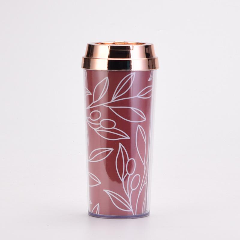 Double Layer Thickened Coffee Cup Insert Card Flower 16Oz Plastic Water Cup Heat Insulation Portable Water Cup