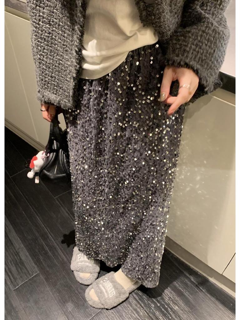 2026 Early Spring/Autumn Korean Velvet Sequin Midi Skirt