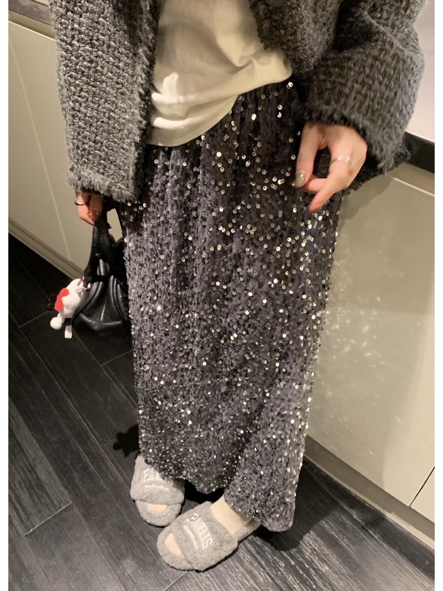2026 Early Spring/Autumn Korean Velvet Sequin Midi Skirt One Size серый