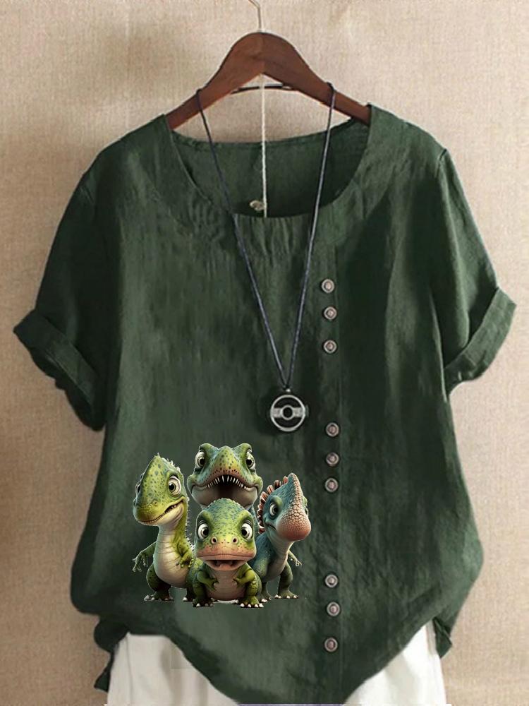 Women's Fashion Dinosaur Print Round Neck Short Sleeve T-shirt Casual Cotton Linen Graphic Shirt Leisure Loose Summer Blouse Tops