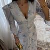 European and American women's clothing summer new temperament gentle wind V-neck lace edge horn sleeve printed dress