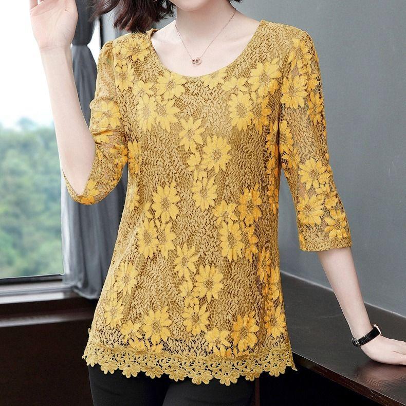 Lace 3/4 Sleeve Plus Size Women's Top Autumn T-shirt Versatile Belly Covering Westernized Shirt