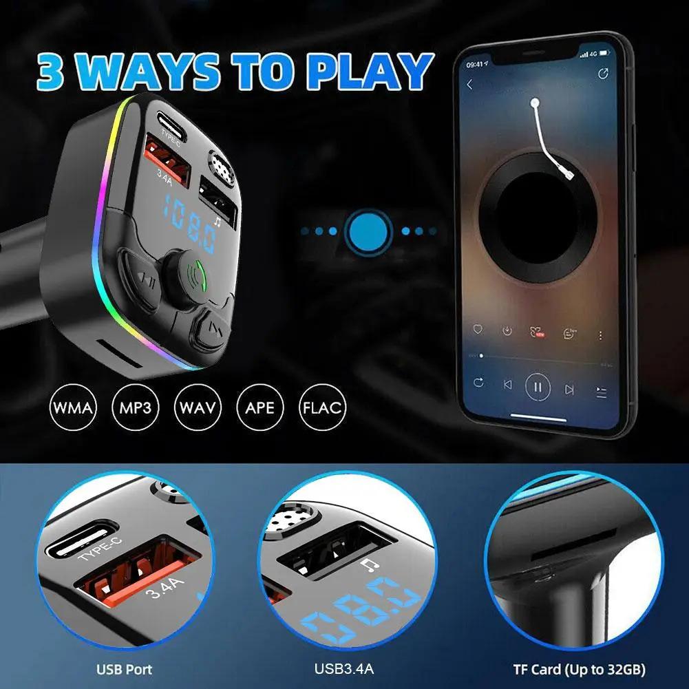 FM Modulator Bluetooth 5.0 PD Type-C Dual USB 3.4A Fast Charging Charger Hands-Free Wireless Car FM Transmitter Wireless Light