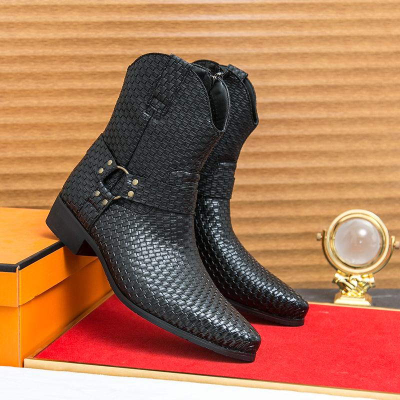 Fashion Luxury High Heels Men Ankle Combat Boots Male Comfortable Business Dress Shoes Pointed Toe Cowboy Boots Fashion Chelsea Shoes