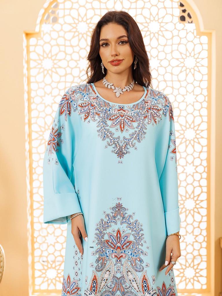 AB400 Muslim Fashion Floral Dress with Hot Drill Embellishments - Middle Eastern Style Robe for Women