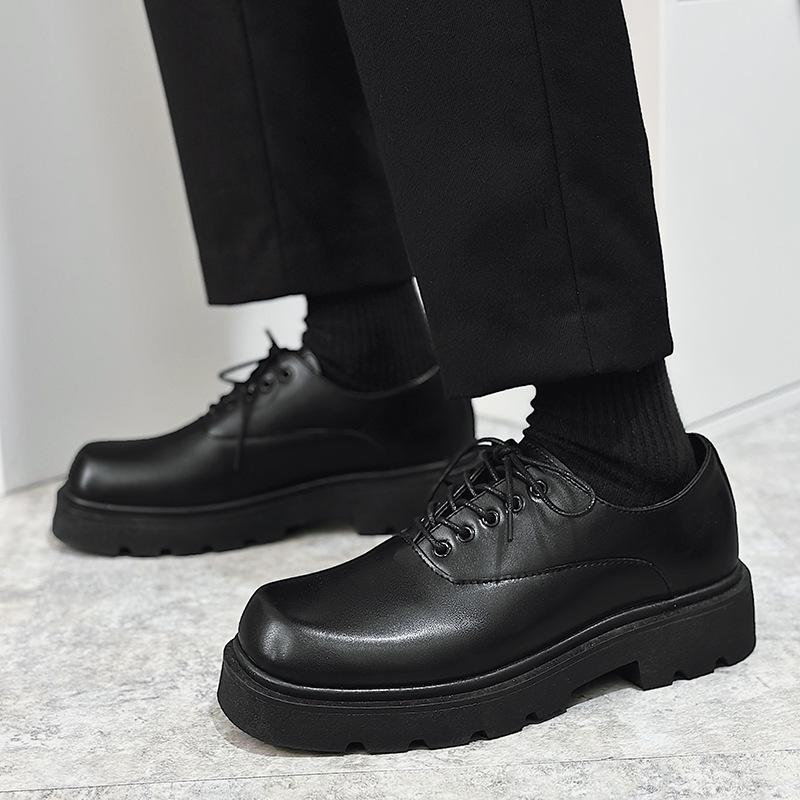 Derby Shoes Square Head Leather Shoes Men's Shoes Spring New Low-top Small Leather Shoes Youth Casual Shoes Shoes Big Head Leather Shoes