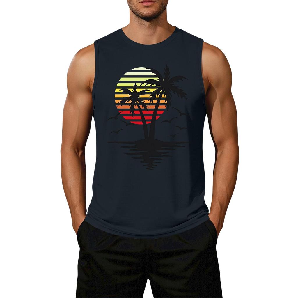 Men's Loose Fit Casual Sleeveless Tank Top Palm Tree Graphic Print Summer Beachwear Muscle Shirt