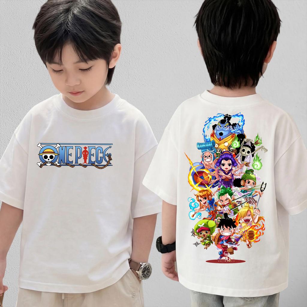 One Piece Cute Chibi Character Print Cotton T-Shirt  Kids Clothes 2026 Summer Short-Sleeve Casual Tee Tops