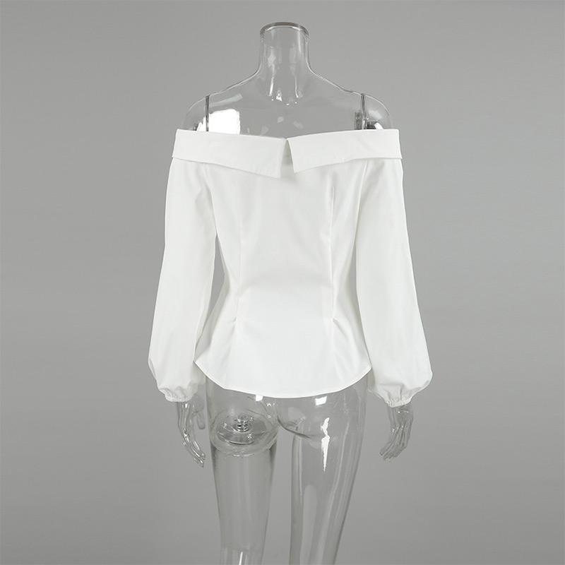 Camisa Branca Sexy Ombro Caído Blusas Femininas Slim Cor Sólida Cintura Marcada Manga Comprida Top Elegante Senhora de Escritório Nova Moda Primavera/Verão 2025