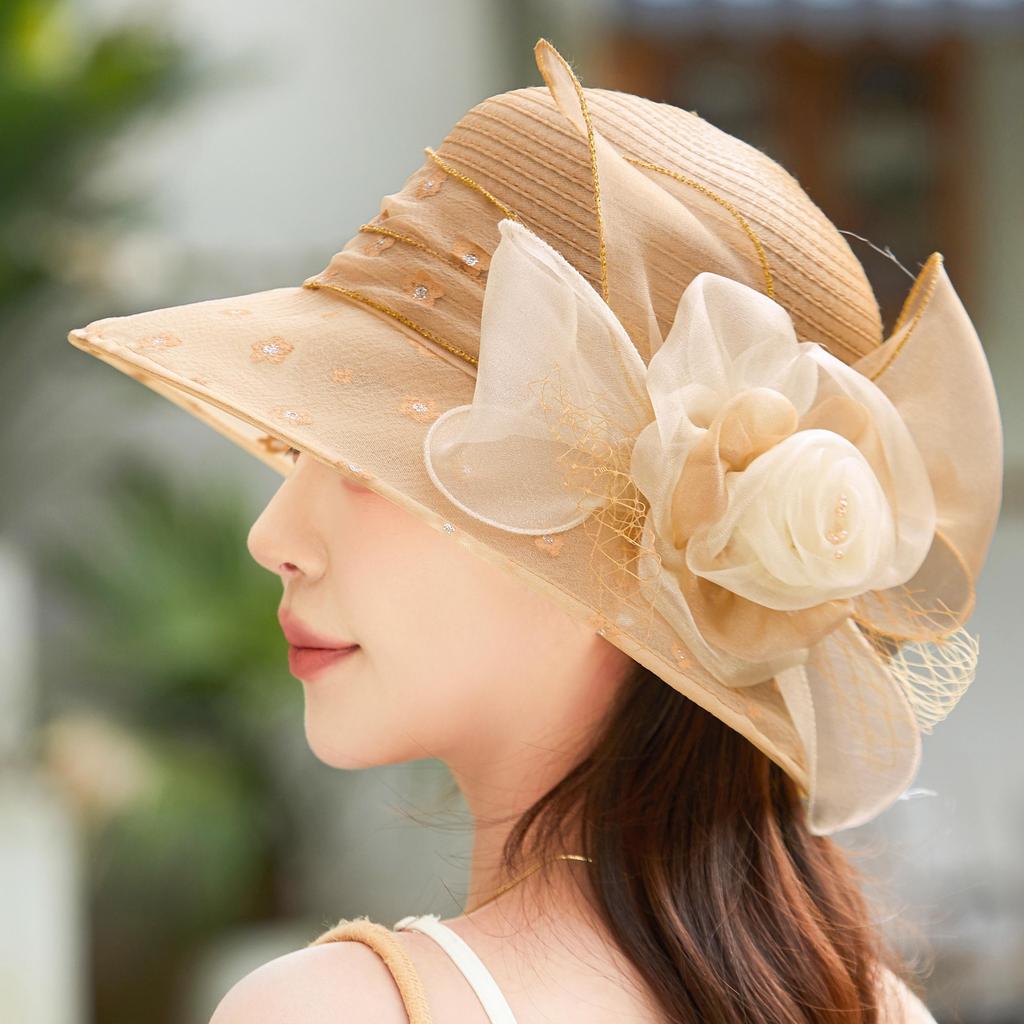 Hat Women's Summer Versatile Retro Organza Small Edge European and American Wind Hat Two-color Flower Sun Hat Sun Protection Top Hat