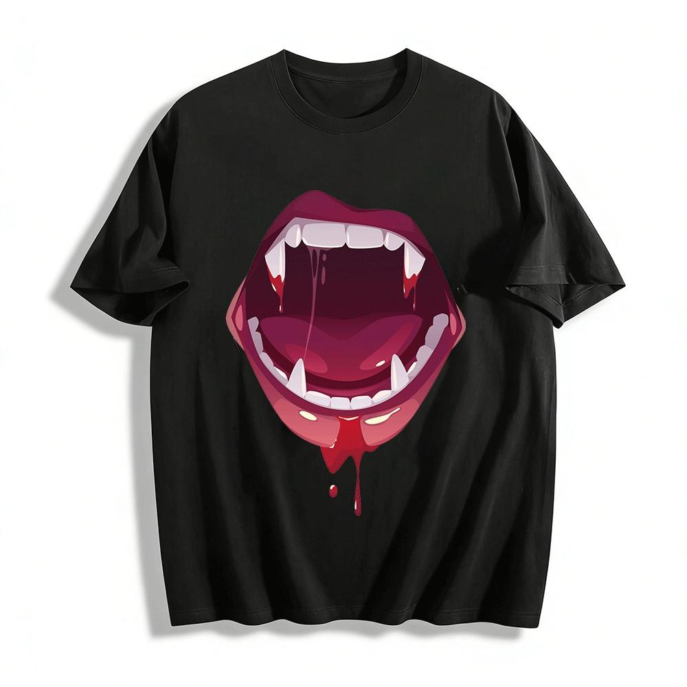 

Dark Style Vampire Fangs Print Cool Loose Casual Top Pure cotton T-shirt XXS