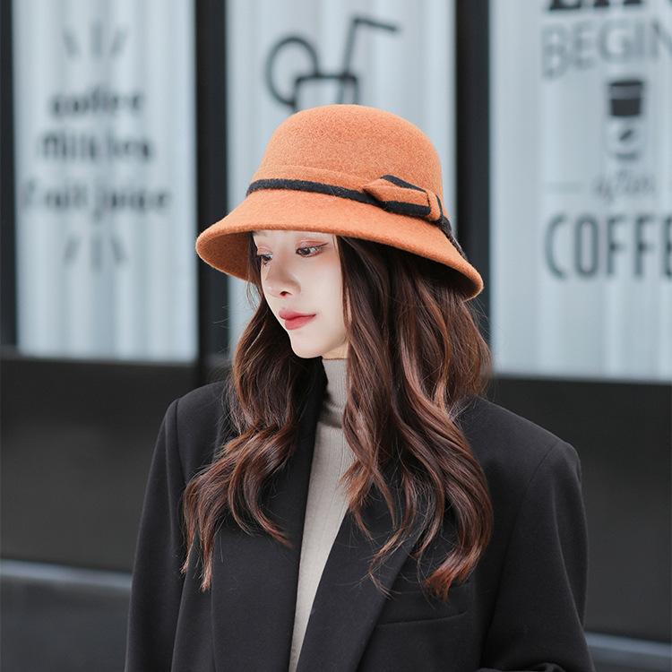 Solid Color Wool Bow Visor, Bucket Hat, Autumn and Winter Face Small Plush Warm Women's Hat Versatile