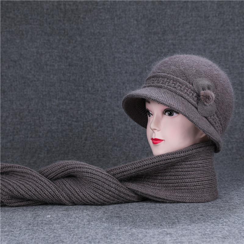 Ji Middle-Aged And Elderly Women'S Basin Hat Grandma Knitted Wool Hat Old Man Hat Rabbit Fur Flower Mother Hat Scarf