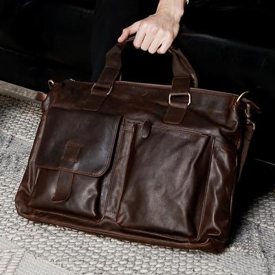 Crazy Horse Leather Briefcase Business Handbag Computer Bag Retro Fashion Genuine Leather Men's Bag Large Capacity Crossbody Bag