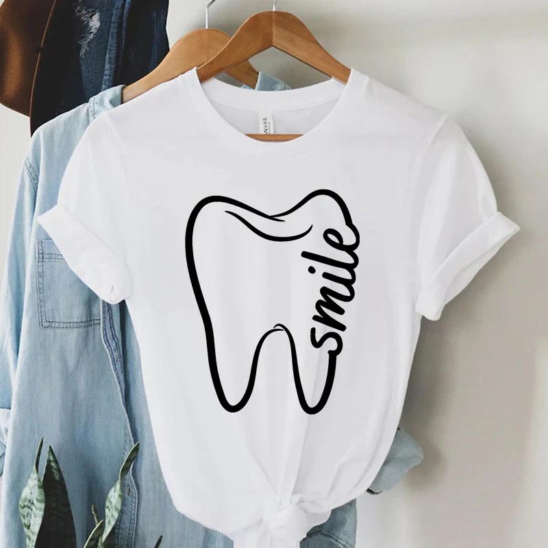 Womens Harajuku Fashion Shirts Cartoon Teeth Pattern Smile Graphic Short Sleeves Casual Basic Tees Fashion Women Blouse FeUnisex M