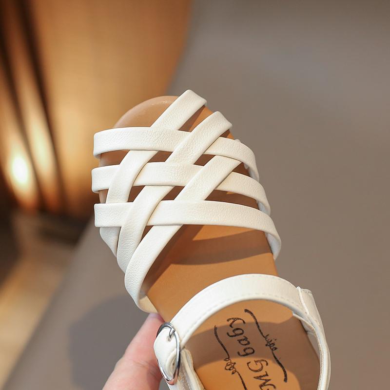 Girls' Sandals 2024 Summer New Children's Buckle Open Toe Beach Shoes Soft Bottom Woven Little Girl Princess Shoes