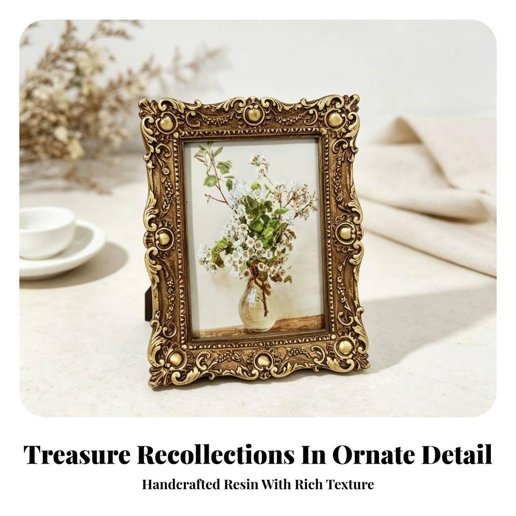 Ornate Picture Frame Tabletop with Glass Gold for Bedroom