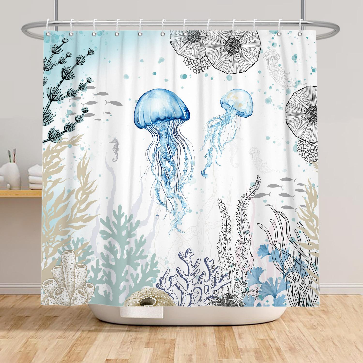 Ocean Theme Shower Curtain Underwater Marine Animal Patterns Sea Turtle Dolphin Whale Jellyfish Print Waterproof Bathroom Decor W90xH180cm