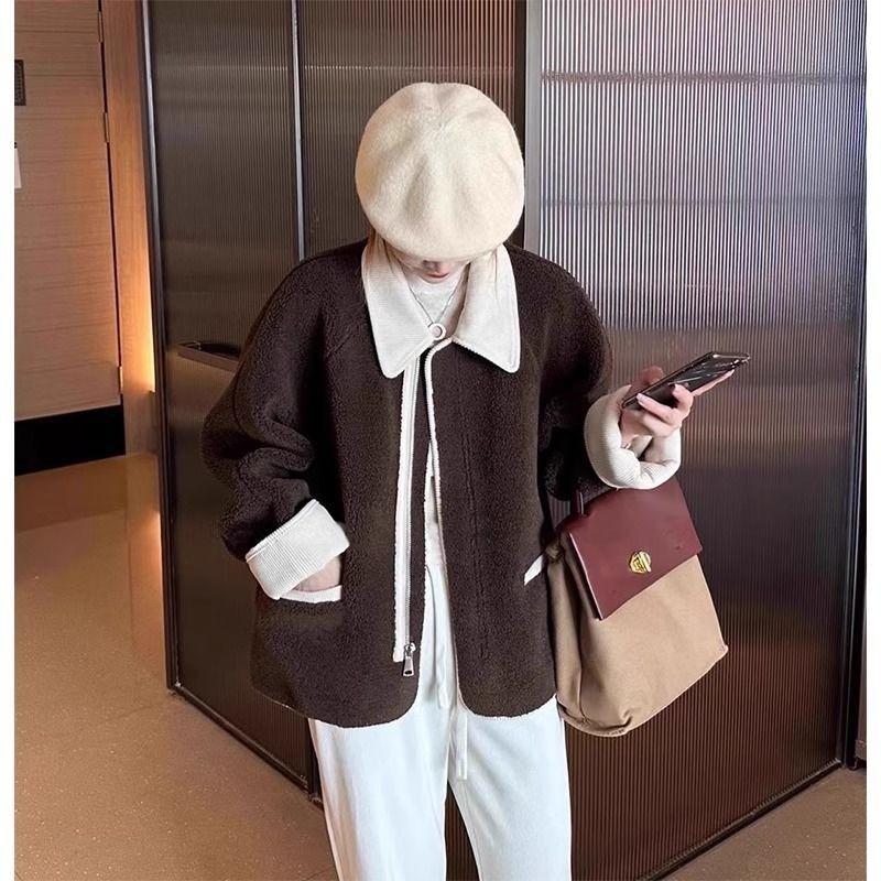 Casaco de Cordeiro com Gola de Cor Contrastante Outono e Inverno Solto com Zíper Manga Longa Casual Moda Top