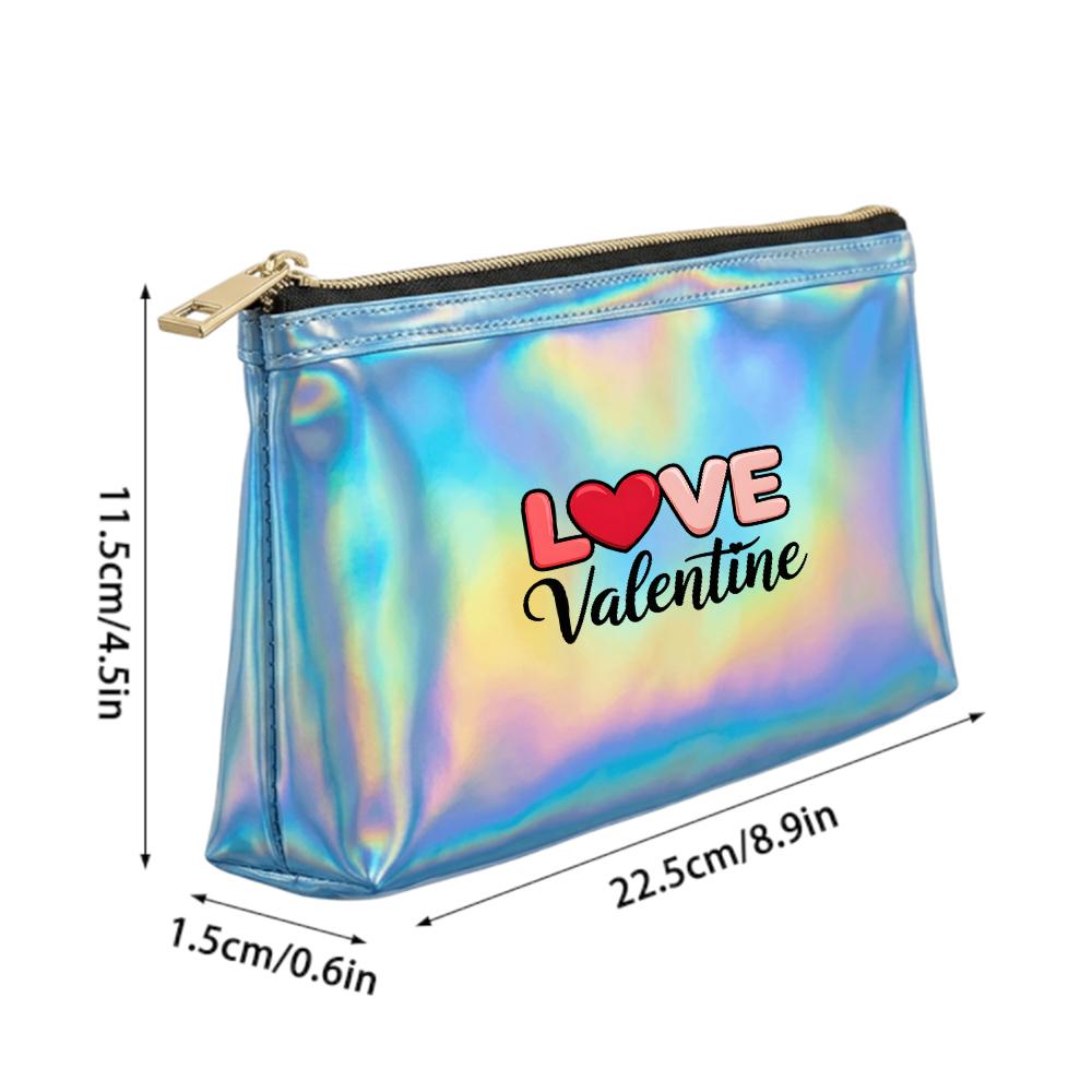 Cute Heart Letter Print Laser Cosmetic Makeup Bag Holographic Toiletry Pouch, PortableTravel Organizer for Valentine Gift Party