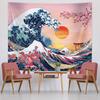 Great Wave Japanese Ocean Wave Wall Art - Cherry Blossom Tree Backdrop Sunset Mountain Hanging Kanagawa for Japanese Living Room Bedroom Decorations (