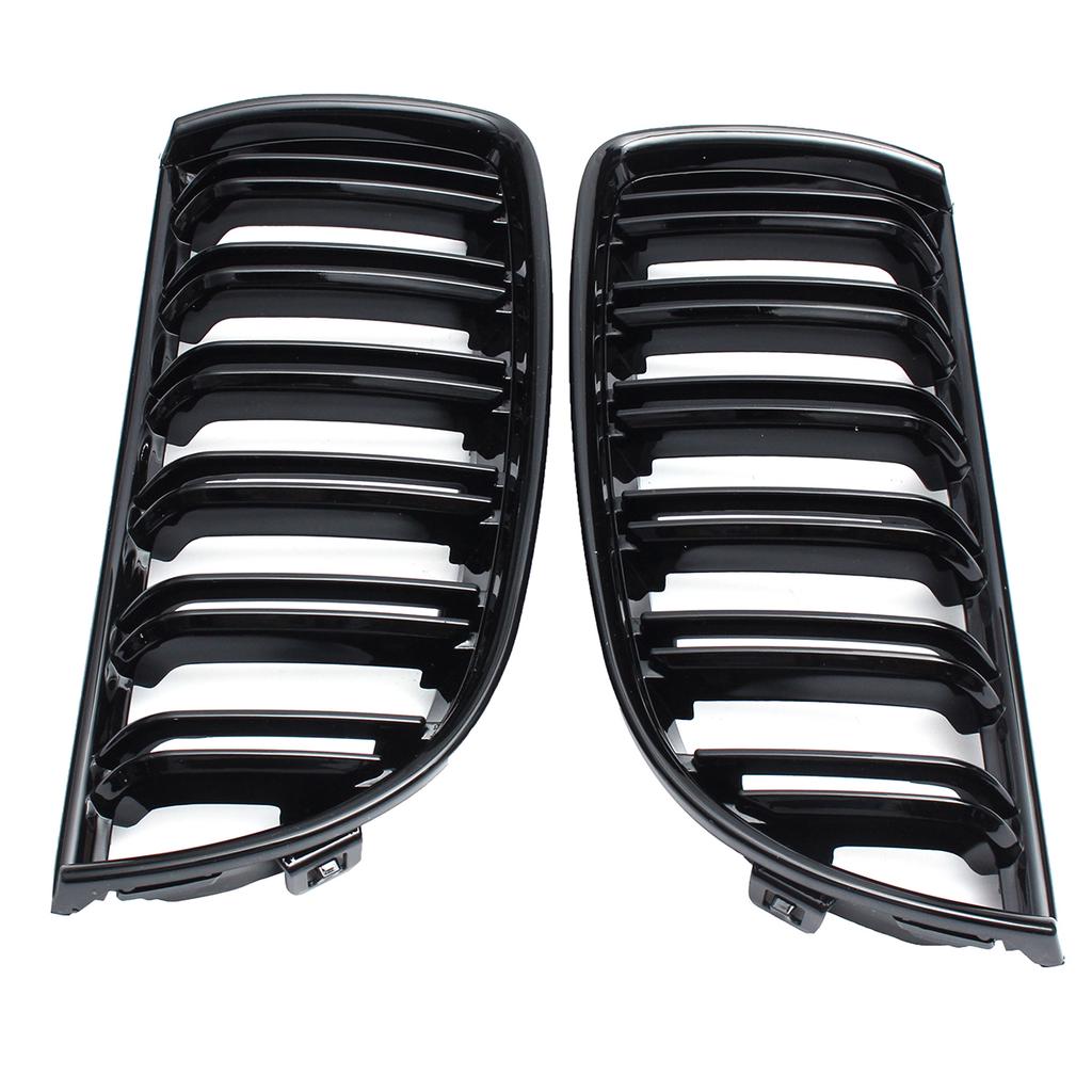 For BMW E90 E91 4 Door 2005 2006 2007 2008 #GCP-039011 Pair Front Gloss Black Double Slat Sport Kidney Grille Grill Set