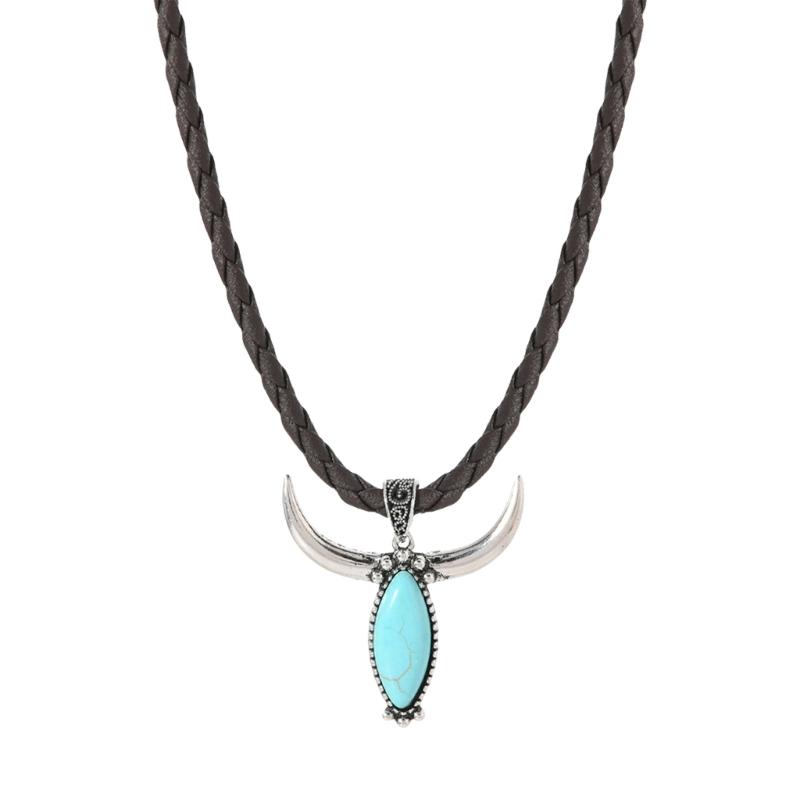Turquoise Bull Head Pendant Necklace Ethnic Style Hand Leather Jewelry For Cultural Fashion