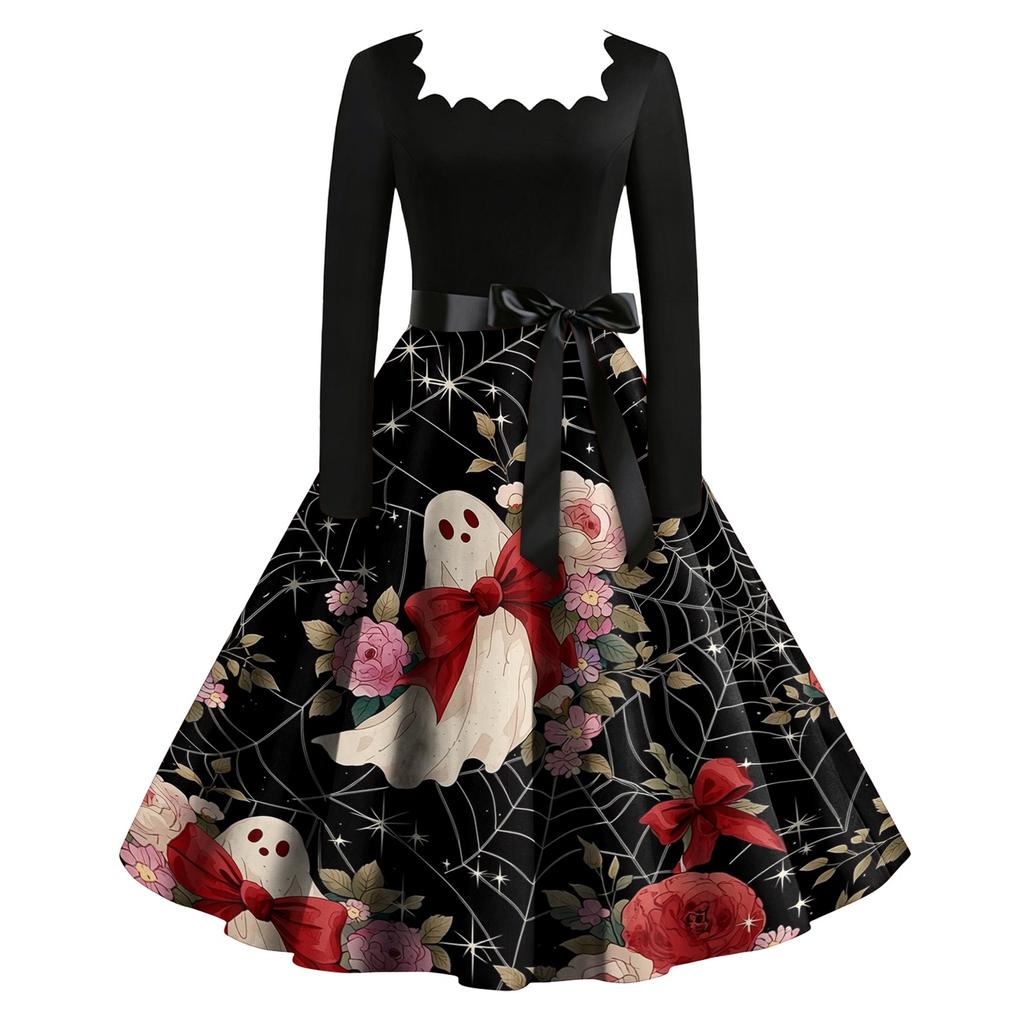 Women's Retro Long Sleeve Square Neck Halloween Print Party Dress