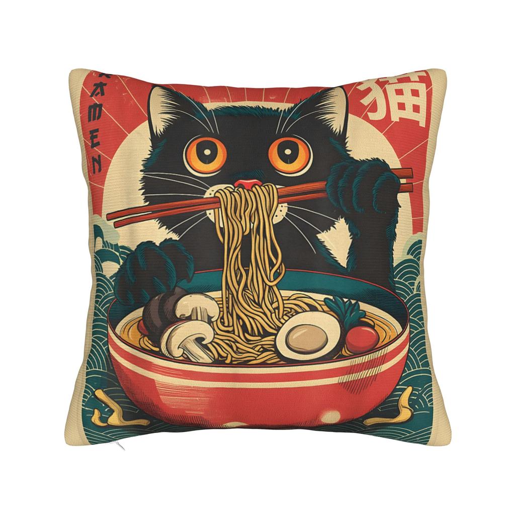 Funny Black Fat Cat Eating Ramen Pillowcases Kawaii Pillow Case For Sofa Couch Bed Living Room Design Pillow Cover