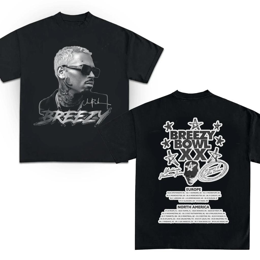 Summer Chris Brown Breezy Bowl XX Concert Tour Printed Cotton Round Neck T-shirt Hip Hop Men's Large Street Outdoor Short Sleeve
