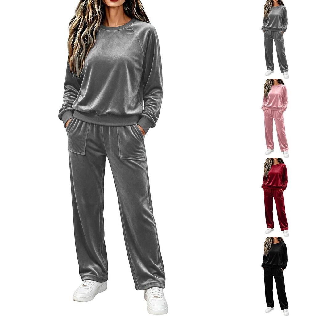 Women's Velvet Set Casual Loose Fit Neck Long Sleeve Top and Pants 2 Piece Outfit