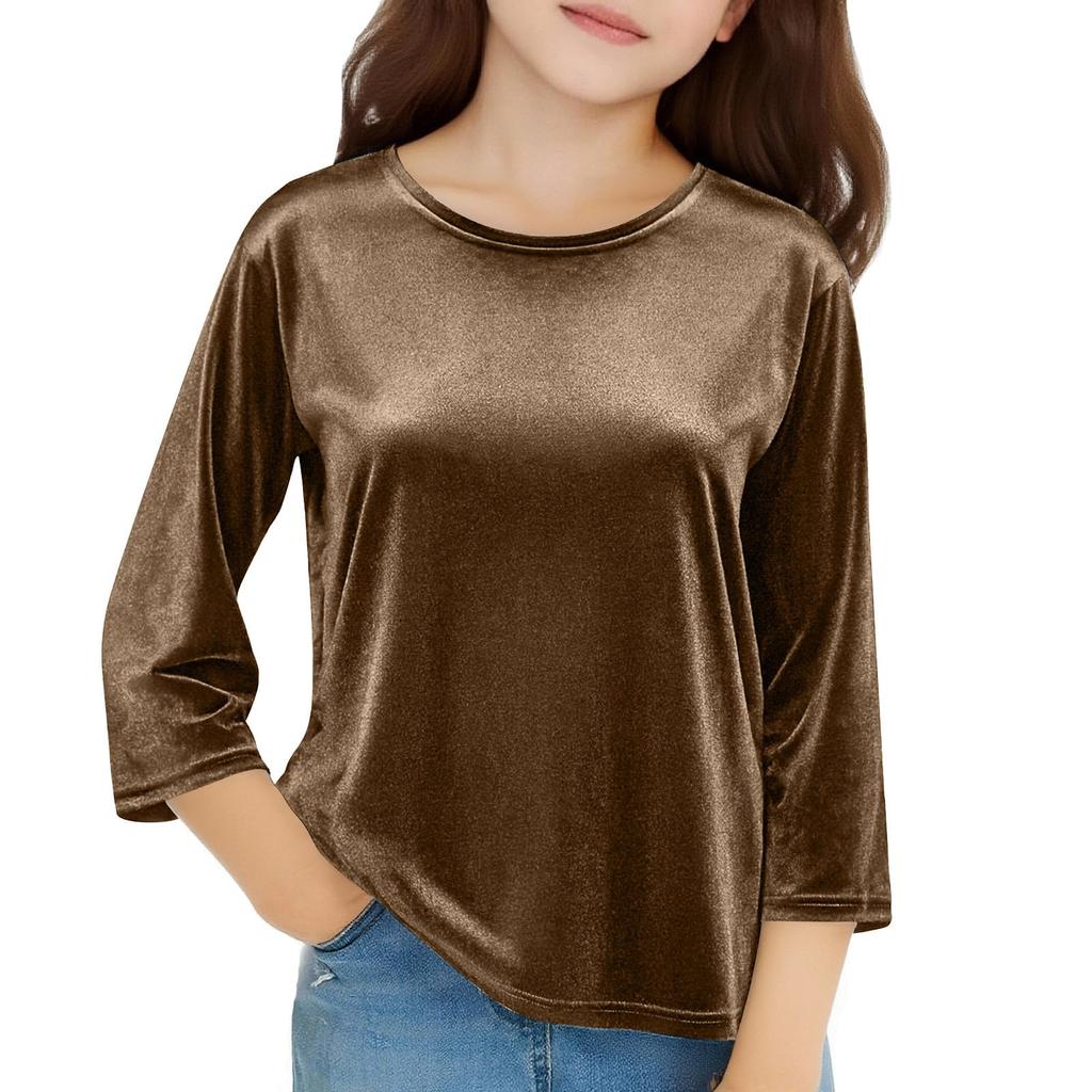 Girls Velvet Tops 3/4 Sleeve T-Shirts Velour Tees Shirts Color Basic Tshirts For Kids