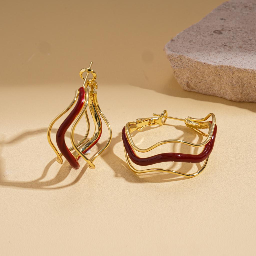 18k real gold electroplating dripping oil irregular geometric waves three-layer silver needle earrings retro simple earrings