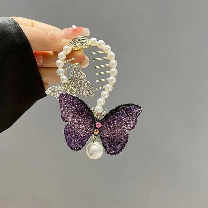 

Fashion Headwear Temperament Ball Hair Clip Hand-Embroidered Butterfly Pearl Ponytail Clip Headdress Head Buckle Accessories фиолетовый