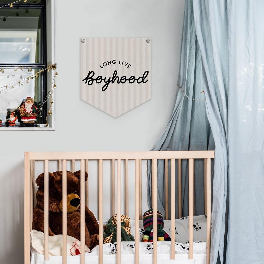 Lacama Long Live Boyhood Linen Banner,Vintage Boy Room Toddler Decor,Boy Bedroom Wall Hanging Banner Pennant Flag Decor for Nursery Playroom,12.4x14