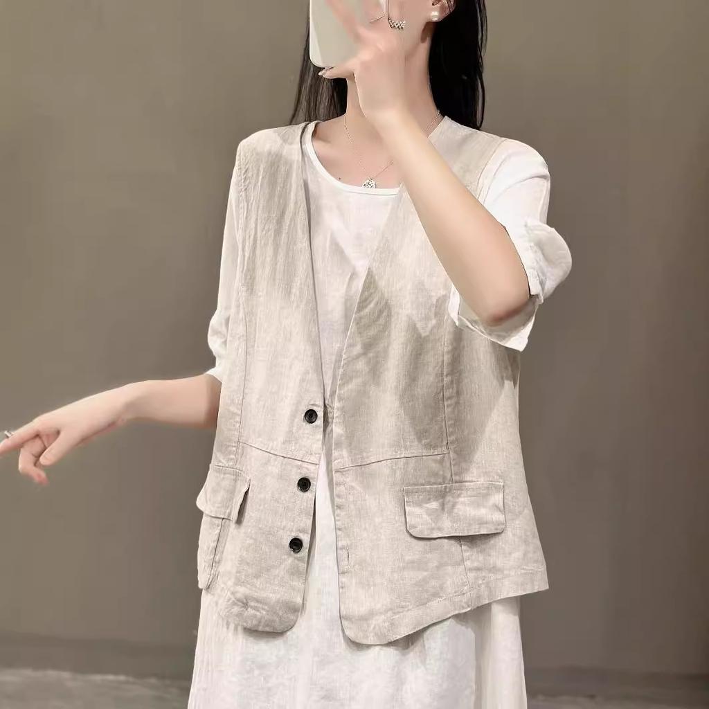 Women Linen Vest Summer Solid Color Sleeveless Waistcoat Single‑Breasted Button Casual Commuter Open Top