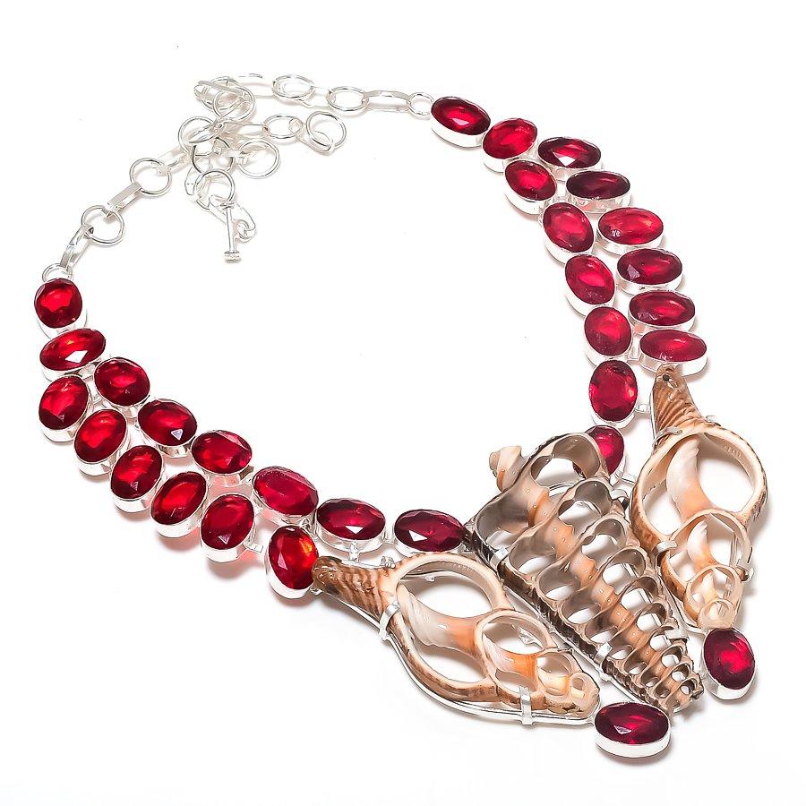 

Natural Sea Shell, Garnet Gemstone 925 Sterling Silver Jewelry Necklace 18 G1T82
