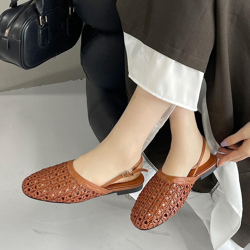 Fashion Big Size 43 Fashion Weave Ladies Flats Shoes Round Toe Footwear Slingback Shallow Women Flats With Shoes Female Sandals