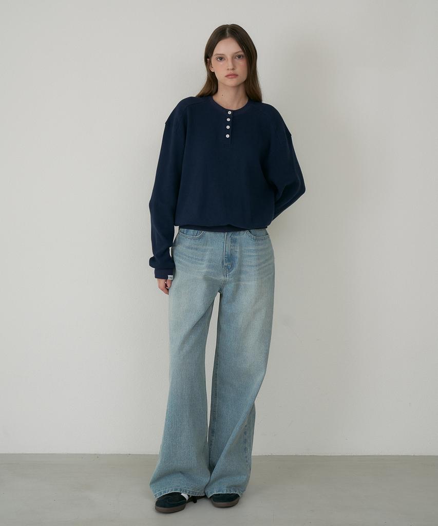 DEHEVE Check Henley-Neck Sweatshirt [Navy]