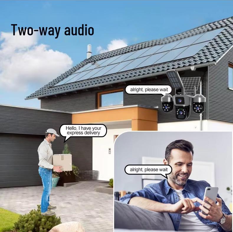 4G Solar LED Three-Lens Security Camera with Motion Alarm and WiFi