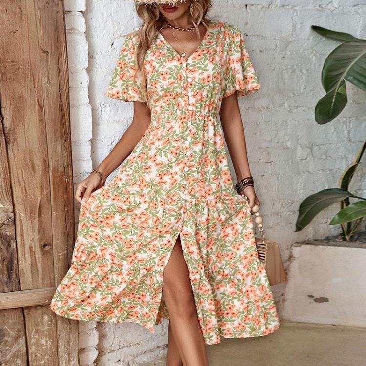 

Женское летнее цветочное праздничное платье с V-образным вырезом, коротким рукавом, длиной до середины икры S белый