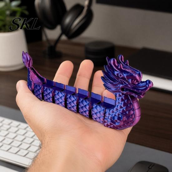 Handcrafted Dragon Boat Ornament 3D Printed Articulated Figurine, Gradient Metallic Statue with Flexible Bendable Body, Colorful Traditional Festival