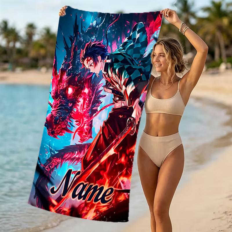 Customizable Personalized Beach Towels Demon Slayer Tanjiro Themed designs.Suitable for the Beach, Yoga, Sports;ideal As Beach Accessories