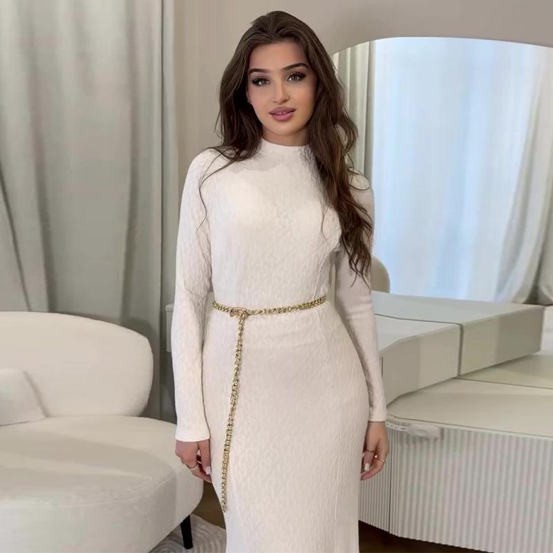 

Женское облегающее трикотажное платье с круглым вырезом и длинными рукавами, осень 2024 XXL белый