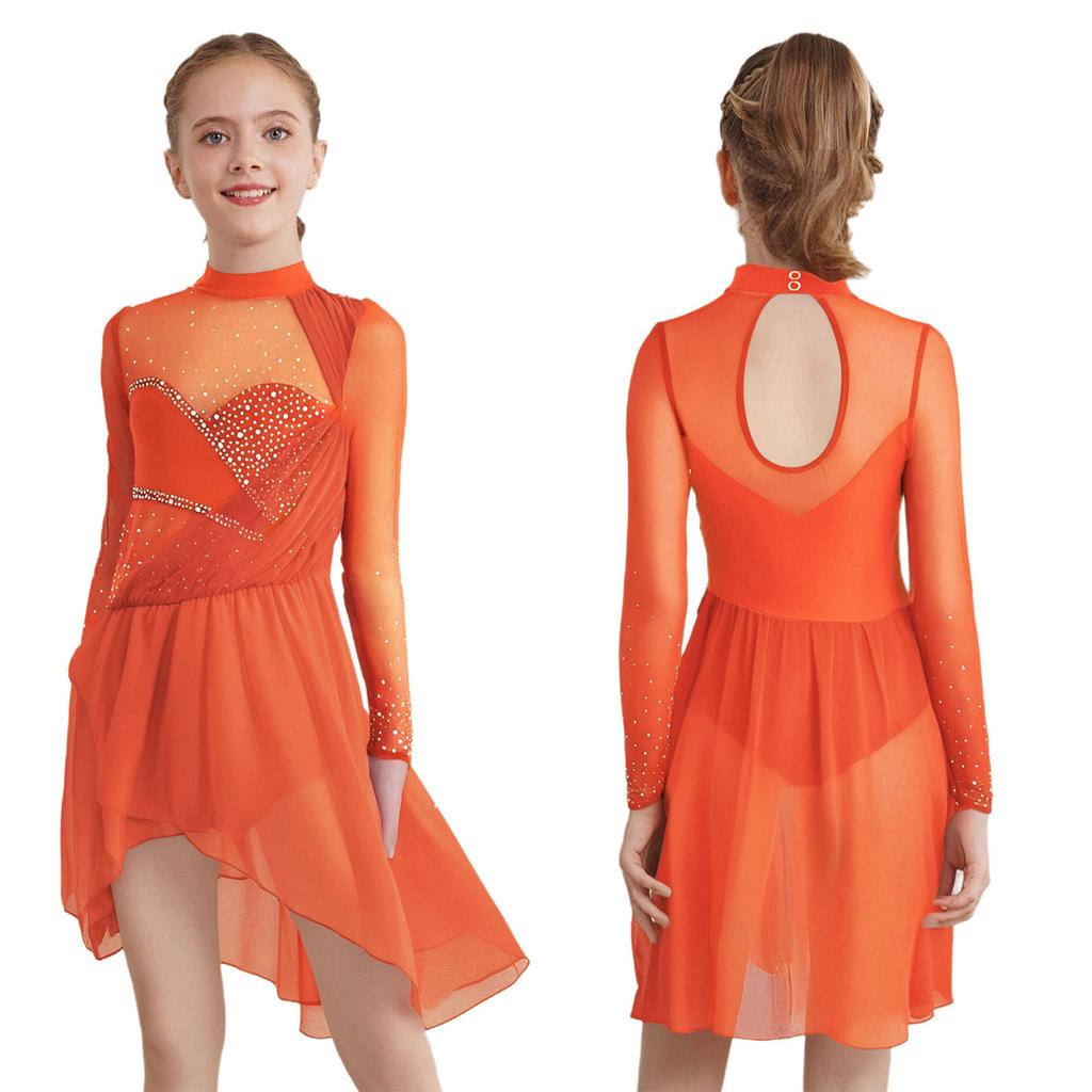 Girls Figure Skating Dance Dress: Sheer Mesh Patchwork Long Sleeves Mock Neck Keyhole Back Rhinestones Irregular Hem with Built-in Briefs