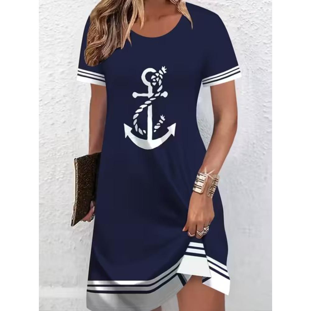Women's Fashion Vintage Pattern Print Summer Spring Short Sleeve O-Neck Casual Dresses