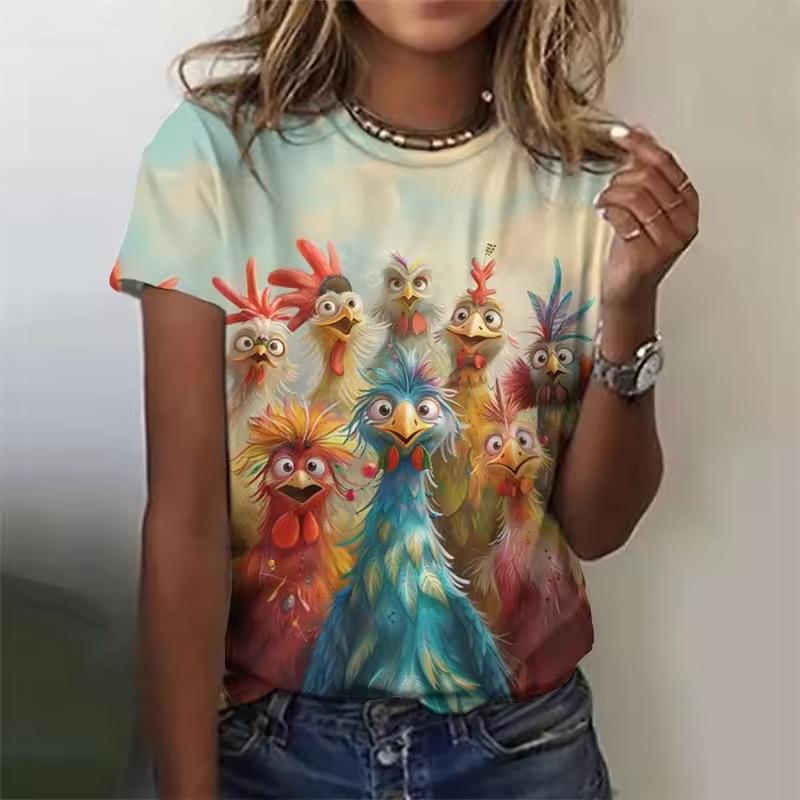 Summer Fashion Round Neck Short Sleeved Top with Cute Chicken Pattern Printed Women’s T-shirts